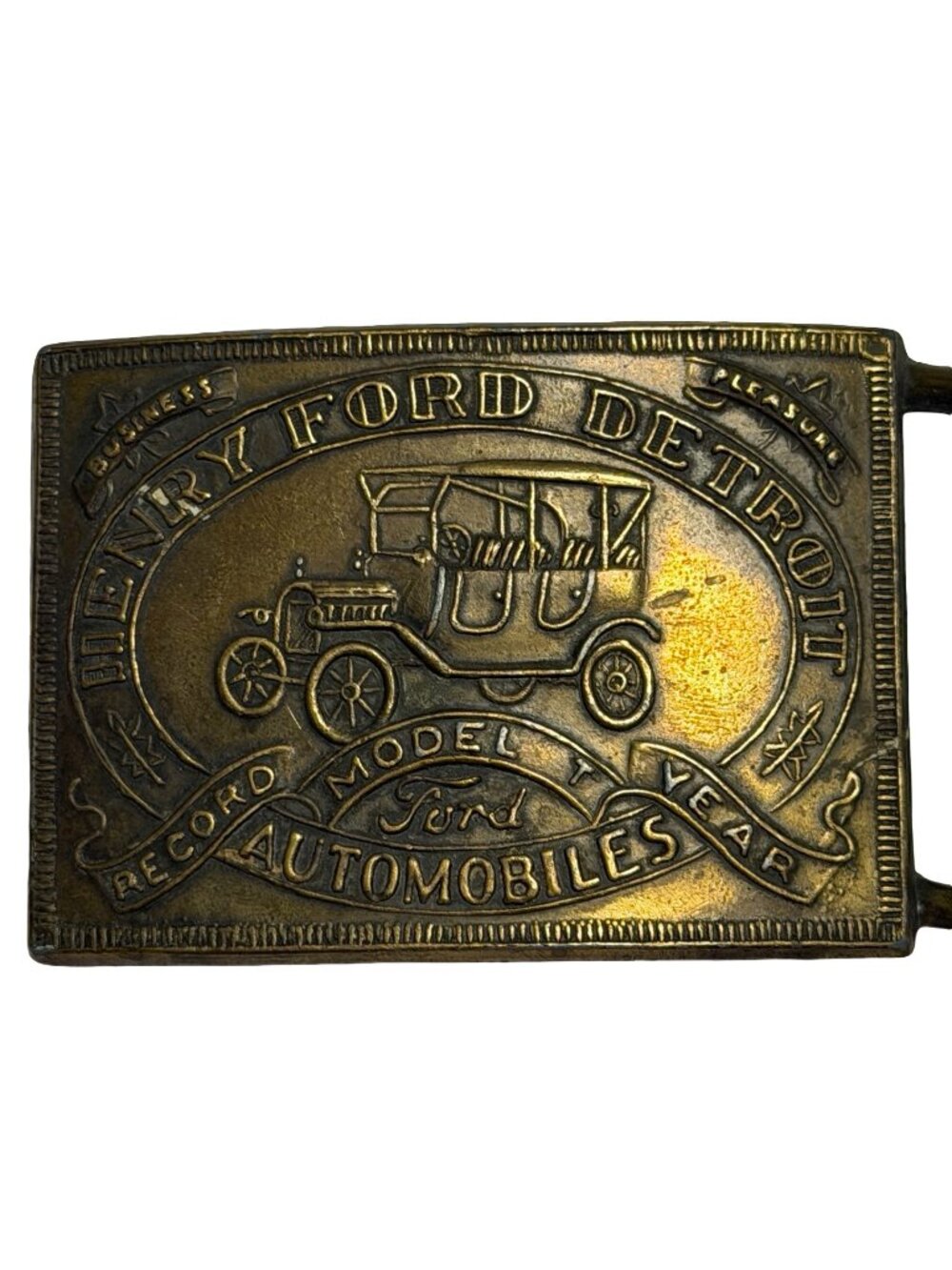 Vintage Henry Ford Detroit Belt Buckle Model T Automobiles Brass Tone 4”